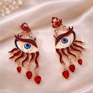 Surreal Evil Eye Art Earrings — Red & Gold Statement Drops